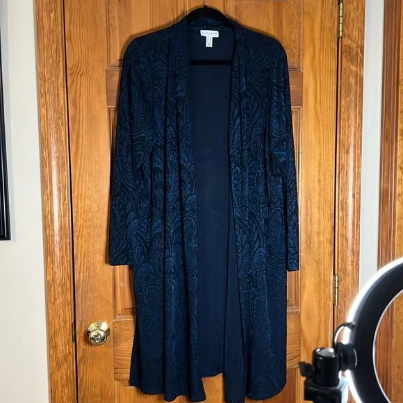 Women's Susan Graver Jacquard Knit Open Front Duster Cardigan Midnight Ink Sz 1X - Picture 2 of 11
